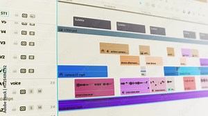 Video editor at work Timeline camera shot pixels visible. A close-up view of a digital video editing timeline on a computer screen, showing multiple tracks with video clips, audio layers, and subtitle