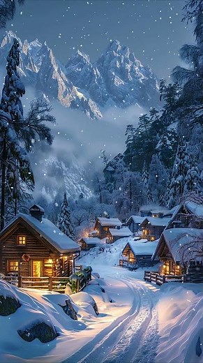 Enchanting Winter Mountain Village — Cozy Cabins, Snowy Pines & Magical Alpine Scenery