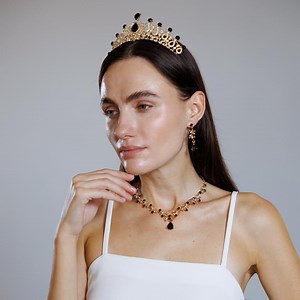 Black Bridal Jewelry Set, Gold Wedding Necklace and Earrings, Gothic Wedding Jewelry, Black Crystal Tiara, Dark Wedding Accessories - Etsy