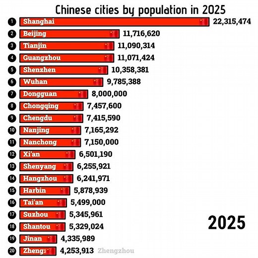 Chinese cities by population in 2025 #shanghai #bejing