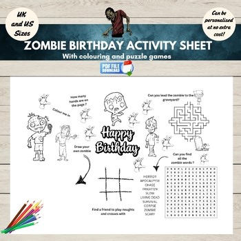 Zombies Birthday Activity Coloring Page, Printable Kids Party Games Placemat,