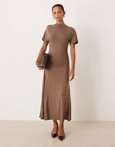 Nobody's Child Niamh jersey fallen shoulder midi dress in brown | ASOS