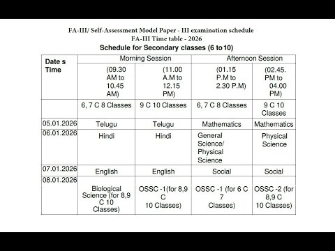 AP FA 3 Time Table 6th to 10th Classes Exam Dates 2026 | AP FA 3 Time Table 2026
