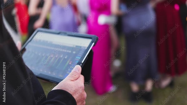 View of lighting technician with tablet, operator controlling sound and light during live event concert on stage show broadcast, technician with professional equipment, working on mixing console