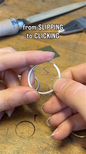 Luisa on Instagram: "Today I’m going to show you a little trick that helps your hoop earring click into place perfectly on the very first try. I use an escapement file to make a tiny notch on the top of the hoop—right where the thin wire meets it. This small notch acts as a guide for the wire and keeps it from slipping off to the side. It’s a common issue, especially with round-wire hoops, but with this quick and easy fix, you’ll hit the hole perfectly every single time. 😏 For more tips and tri