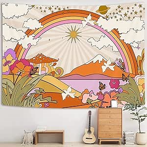 TOMOZ Vintage 70s 60s Groovy Tapestry, Retro Flowers Clouds Sun and Rainbow Tapestry Wall Hanging, Orange Boho Hippie Psychedelic Tapestries for Bedroom Living Room Dorm Decor 40 x 28Inch