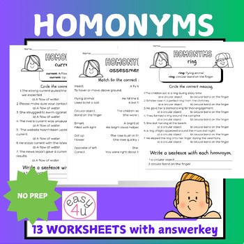 Homonyms Practice with Context Clues 11 Worksheets   Assessments   Answer key