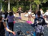 Nina Agdal sets pulses racing as she leads outdoor fitness class