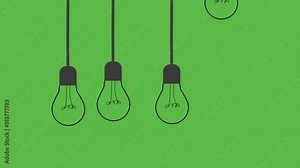 Digital animation of a graphic of a light bulb appearing in a row against a green background. light bulbs light up from each other. 4k video illustration.