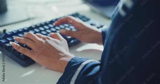 Close-up young Black female robotics engineer coding AI software for robotic arm in laboratory. Embedded system, firmware testing, machine learning, industrial automation, future technology concept.