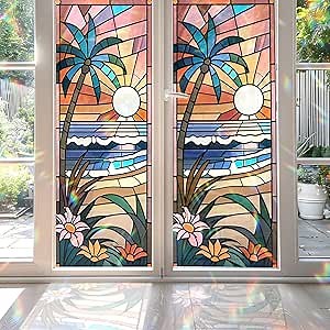 Decorative Sunrise Beach Stained Glass Window Film, Sunrise Beach Stained Glass Window Film for Bathroom Door Heat Anti UV