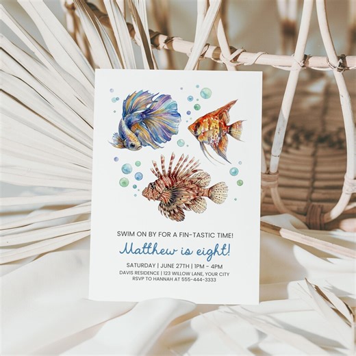 Editable Fish Birthday Party Invitation Corjl Template, Ocean Theme Aquatic Kids Invite Digital Download - Etsy