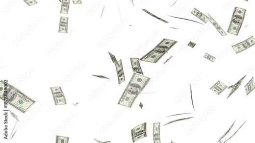 seamlessly looping money falling, falling us dollar bills on white background, 4k high quality loopable overlay. falling cash money background.
