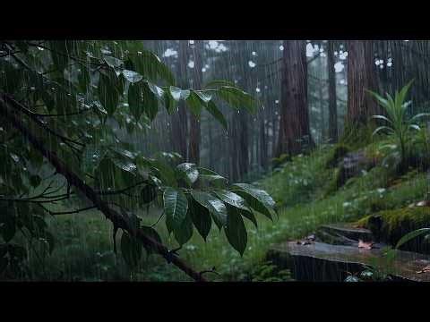 Soothing rain gently hitting forest leaves, creating a serene and relaxing atmosphere