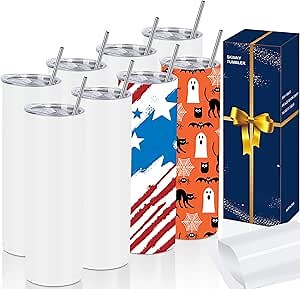 8 Pack Straight Sublimation Tumblers Set 20 Oz Skinny, Stainless Steel Skinny Sublimation Tumbler Blank With Shrink Wrap Film Lid Straw Set,Individually Boxed, Not Tapered