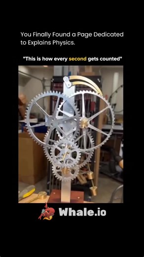 Explains Physics on Instagram: "This captivating video showcases a beautiful, mechanical kinetic sculpture known as a rolling ball clock or gravity clock. The device uses a series of intricately designed, large metal gears and a sophisticated escapement mechanism, powered by the rhythmic release and descent of small metal balls. Unlike traditional clocks using pendulums or springs, here the transfer of a ball down the golden rails drives the movement of the large gears, effectively counting out 