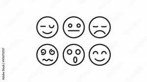 Emotions line animation. Mood types animated icon. Changing expressions, moving emoticons. Happiness, exhausted. Black illustration on white background. HD video with alpha channel. Motion graphic