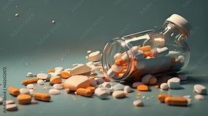 Minimal flat motion of pills spilling out of a bottle, representing the act of intentionally overdosing as a form of selfharm. This can be a highly dangerous 2D cartoon animation. .