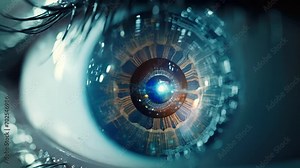 A closeup of a human eye looking through a unique lens made of metamaterial, allowing the viewer to see an object through it while remaining invisible to the d eye.