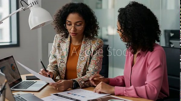 Two women in a professional office setting collaborating over documents and a laptop computer