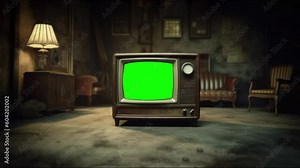 Vintage television. 1980s or 90s TV Green Screen. Sepia Tone. Zoom Out. Chroma key