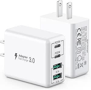 [2 Pack] USB C Wall Charger, 40W 4-Port USB C Charger Block,Fast Charging Block Dual Port PD+QC Wall Plug Multiport Type C Compatible with iPhone 14/13/12/11/Pro Max/XS/XR/8, Samsung Phone,Tablet