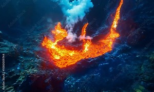 Underwater volcano with bubbling lava vents, volcanic rocks, and resilient species adapted to extreme conditions.