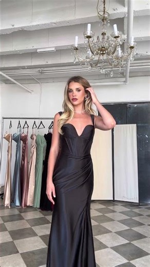 Black Satin Corset Prom Dress 🖤 Elegant Formal Gown | Amoris T813