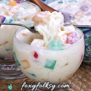 62K views · 741 reactions | Buko salad is a popular Filipino dessert salad made with young coconut (buko), mixed with a variety of fruits, jellies, cream, and condensed milk. It's a refreshing and sweet dish that's often served during special occasions, celebrations, or as a dessert for family gatherings. | Foxy Folksy - Modern Filipino Kitchen | Facebook