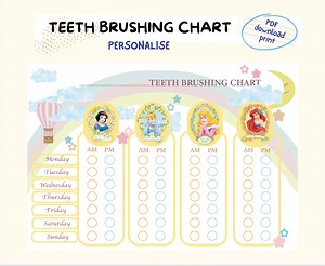 Teeth Brushing Chart, Printable Princess Poster A4, for Kids & Toddlers, Teeth Care, Personalise Washing Schedule, Children Dental Health - Etsy