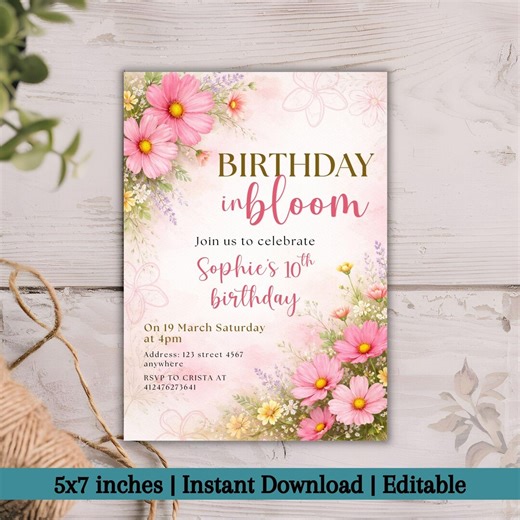 Editable Flower Bloom Invitation | Boho Wildflower Birthday Invite | Floral Stem Party Invitation | Printable Canva Template - Etsy