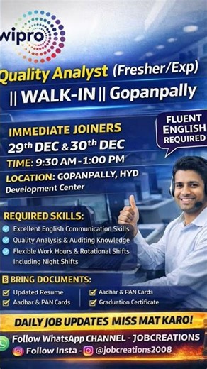 Wipro Walk-In Drive for Quality Analyst | Freshers & Experienced #wiprojobs #hyderabadjobs #shorts