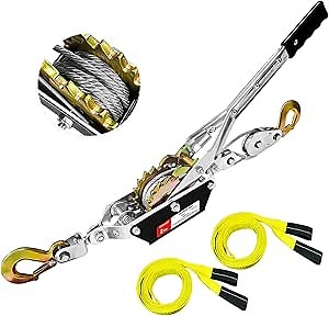 Come Along Winch 2-Ton with Two 1" x8FT Lifting Sling Heavy Duty Power Cable Come Along Tool with Dual Gears 7 Ft 2 Hooks Cable Winch Puller for Recovery Gear