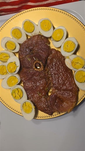 Ham steak with boiled eggs