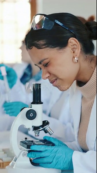 Sample, students and girl with microscope in science high school, biology class and research practical. Medical study, lab equipment and teenager with chemistry experiment to learn, analysis and ppe