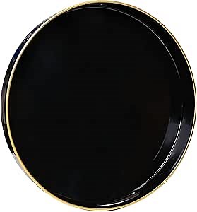 Spsyrine Round Black Decorative Tray, 13" Plastic Serving Table Tray with Handles for Ottoman, Coffee Table, Bathroom, Kitchen, Living Room