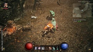 Launching the modern digital pc fantasy game. Controlling the fantasy character in the action pc game challenge. Fighting against the powerful ai enemy in the pc fantasy game mission. Quest.