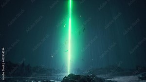 Rain night Sci-fi landscape alien planet neon laser school of fish 4k