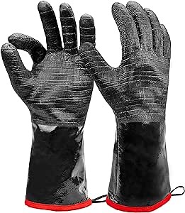 Heat Resistant BBQ Gloves, Long Sleeve Grill Gloves, Textured Gripto Handle Wet, Geasy or Oily Foods Fire and Food Safe Turkey Fryer Grill Oven Mitts for Smoker, Grilling and Barbecue Small 14"