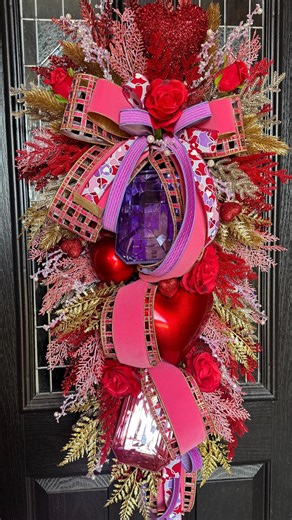Valentine’s Day Swag Door Decor | Luxury Heart Swag With Roses, Lanterns & Pink Ribbon | Valentine Door Hanger | Romantic Home Decor - Etsy