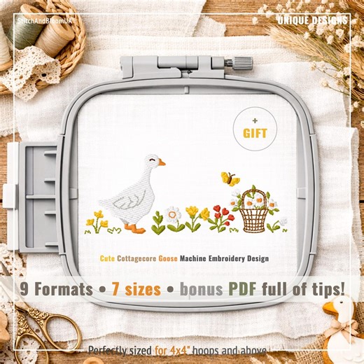 Cottagecore Goose Embroidery Design, Spring Flowers Basket Machine File (digital Download) - Etsy