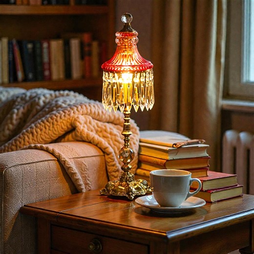 Victorian Style Table Lamp – Red Glass Shade, Crystal Prism Base - Etsy
