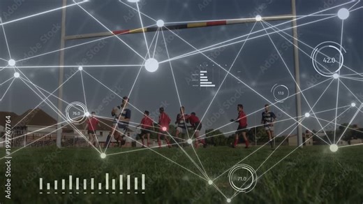Male team advancing to goal posts as sports HUD appearing analyzing diving carrier attempting score