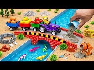 DIY Mini Tractor | Building a Cement & Brick Bridge Over a Colorful Fish-Filled Canal