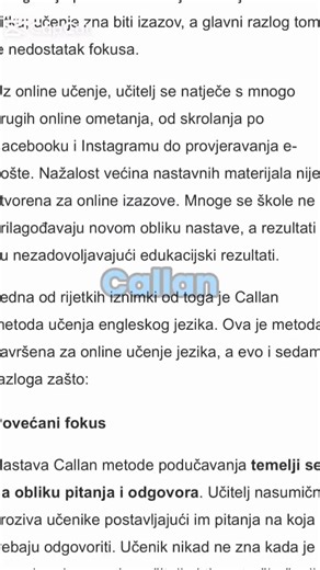 Tri principa Callan metode: 1. Pričanje bez prevođenja 2. Ispravci u realnom vremenu 3. Puno ponavljanja Provjeri kako radimo i zašto je Callan najbolja metoda za učenje engleskog https://inicijativa.biz/engleski/callan-metoda/ | Inicijativa - Centar za edukaciju