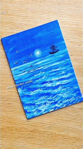 Blue Seascape/Easy Acrylic Painting for Beginners/Glowing Moon/Waves/Nature Painting Idea/Canvas Art