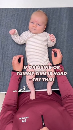Some babies have slight tension around their upper body, which can challenge tummy time and make it harder to lift their arms to put on clothes. In most cases, you can release this tension with simple movement exercises like this one. If your baby is very tense, make sure you start carefully and always respect your baby’s signals. After a few days, you will most likely be able to move their arms all the way in front of their chest. Tip: Try doing this exercise before practicing tummy time if you
