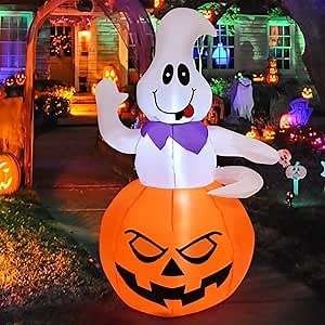 GOOSH 5 FT Halloween Inflatables Ghost Outdoor Decorations Blow Up Yard Cute Ghost Grow Out from The Pumpkin with Built-in LEDs for Indoor Party Garden Lawn Decor