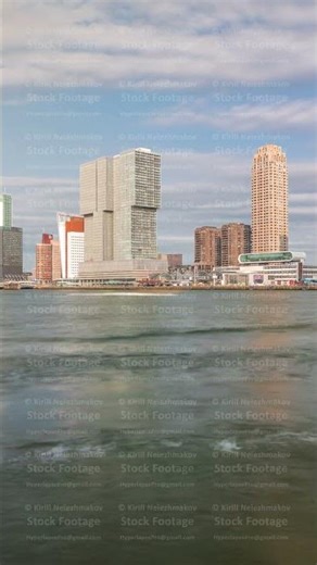 Panorama showing Rotterdam skyline timelapse from Nieuwe Maas River. Netherlands