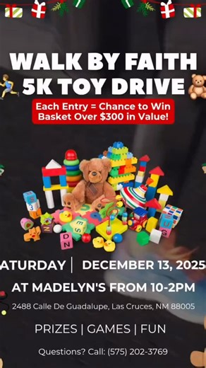 Lace up and give back! 🎁👟 The Tots Toy Dash 5K Run and Walk is officially happening, and we’re doing it for the kids. Instead of paying a registration fee, all you need to do is donate a toy. Bring a toy, support a child, and join us for a fun community run right before the holidays. 📍 Toy Donation Registration Saturday 12/6 Simply Fresh, 125 S. Campo St. 📍 5K Run Day Saturday 12/13 Madelyn’s in Mesilla, 2488 Calle De Guadalupe If you can’t make registration, no worries. We will be accepting